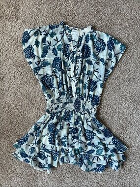 MISA Floral Smocked Waist Ruffle Mini Dress - Blue & Cream
